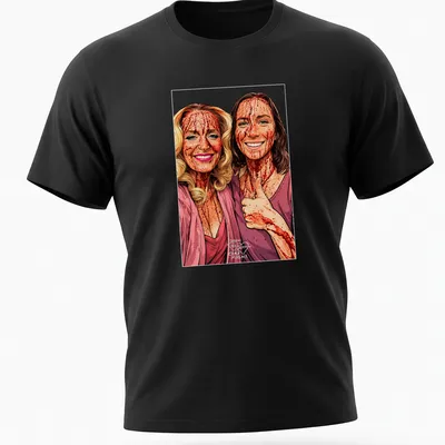 Fan art t-shirt featuring Hannah Einbinder and Gillian Anderson with colorful text.