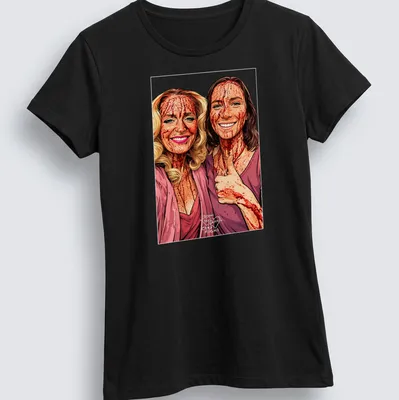 Fan art t-shirt featuring Hannah Einbinder and Gillian Anderson with colorful text. — printed on a women's shirt