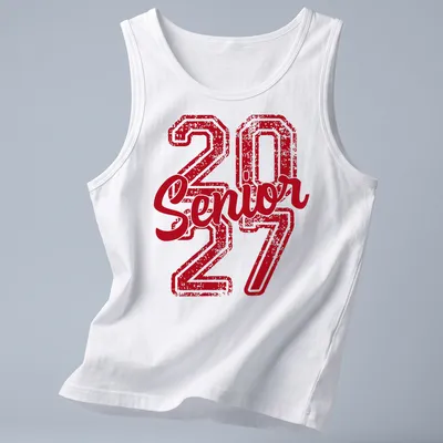 Distressed red tee with 'Senior 27' printed boldly for high school graduates — printed on a tank top