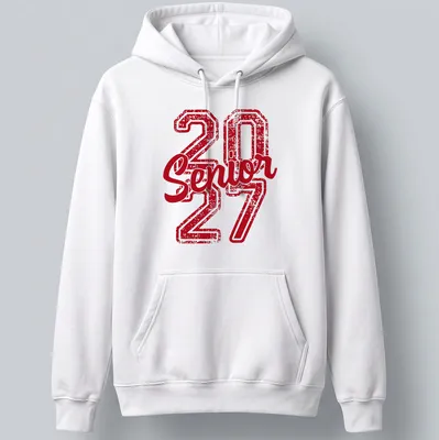 Distressed red tee with 'Senior 27' printed boldly for high school graduates — printed on a unisex hoodie