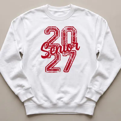 Distressed red tee with 'Senior 27' printed boldly for high school graduates — printed on a unisex sweatshirt