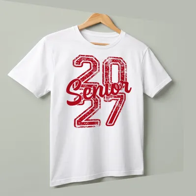 Distressed red tee with 'Senior 27' printed boldly for high school graduates — printed on a unisex t-shirt (angled view)