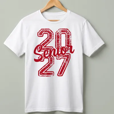 Distressed red tee with 'Senior 27' printed boldly for high school graduates