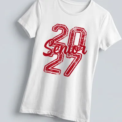 Distressed red tee with 'Senior 27' printed boldly for high school graduates — printed on a women's shirt