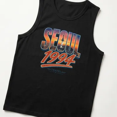 Retro Seoul 1994 T-shirt with colorful travel-themed print — printed on a tank top