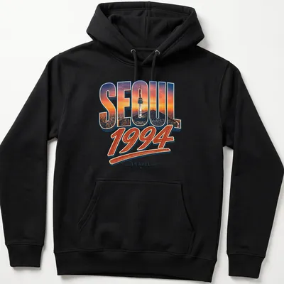 Retro Seoul 1994 T-shirt with colorful travel-themed print — printed on a unisex hoodie