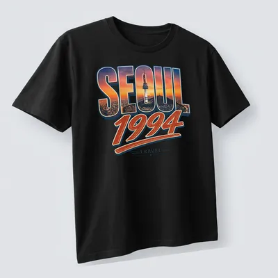 Retro Seoul 1994 T-shirt with colorful travel-themed print — printed on a unisex t-shirt (angled view)
