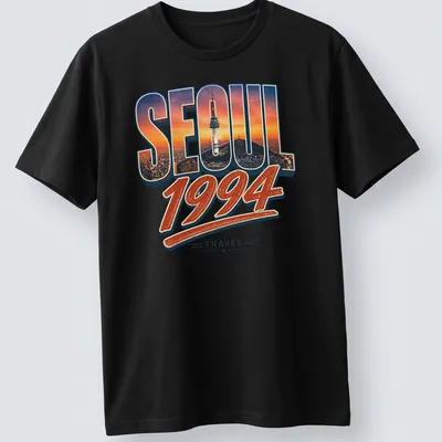 Retro Seoul 1994 T-shirt with colorful travel-themed print