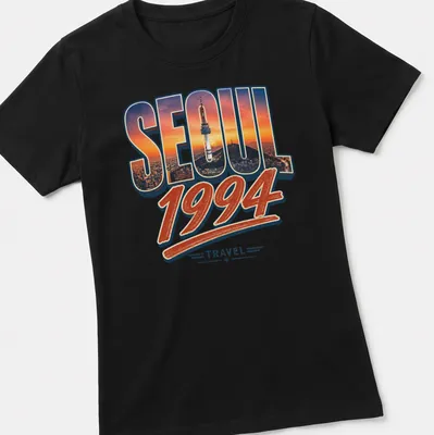 Retro Seoul 1994 T-shirt with colorful travel-themed print — printed on a women's shirt