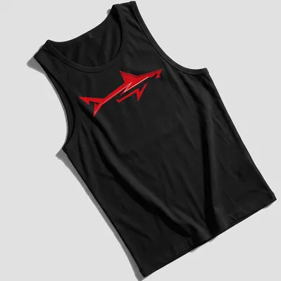Bold red shark graphic logo t-shirt for ocean enthusiasts — printed on a tank top