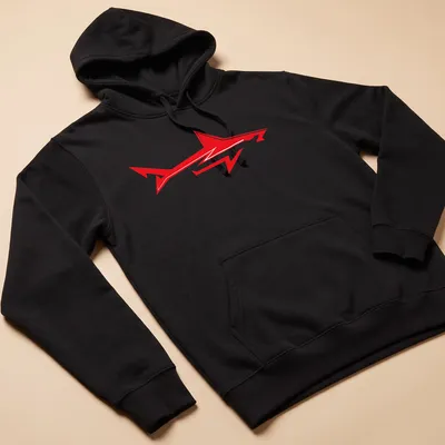 Bold red shark graphic logo t-shirt for ocean enthusiasts — printed on a unisex hoodie
