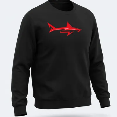 Bold red shark graphic logo t-shirt for ocean enthusiasts — printed on a unisex sweatshirt
