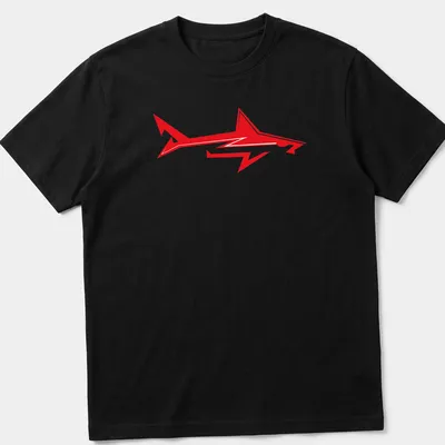 Bold red shark graphic logo t-shirt for ocean enthusiasts