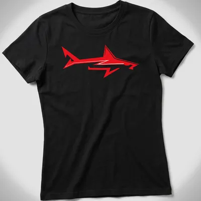 Bold red shark graphic logo t-shirt for ocean enthusiasts — printed on a women's shirt