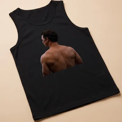 Realistic illustration of a shirtless man with brown accents — printed on a tank top