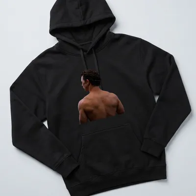 Realistic illustration of a shirtless man with brown accents — printed on a unisex hoodie