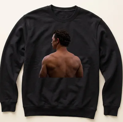 Realistic illustration of a shirtless man with brown accents — printed on a unisex sweatshirt