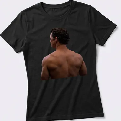 Realistic illustration of a shirtless man with brown accents — printed on a women's shirt