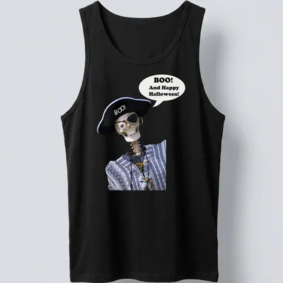 Playful skeleton with text 'Boo! And Happy Halloween!' in black and white — printed on a tank top