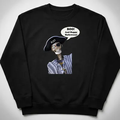 Playful skeleton with text 'Boo! And Happy Halloween!' in black and white — printed on a unisex sweatshirt