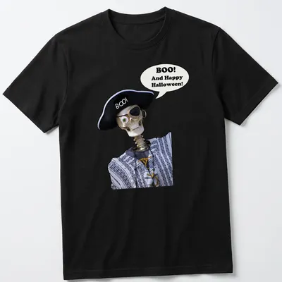 Playful skeleton with text 'Boo! And Happy Halloween!' in black and white