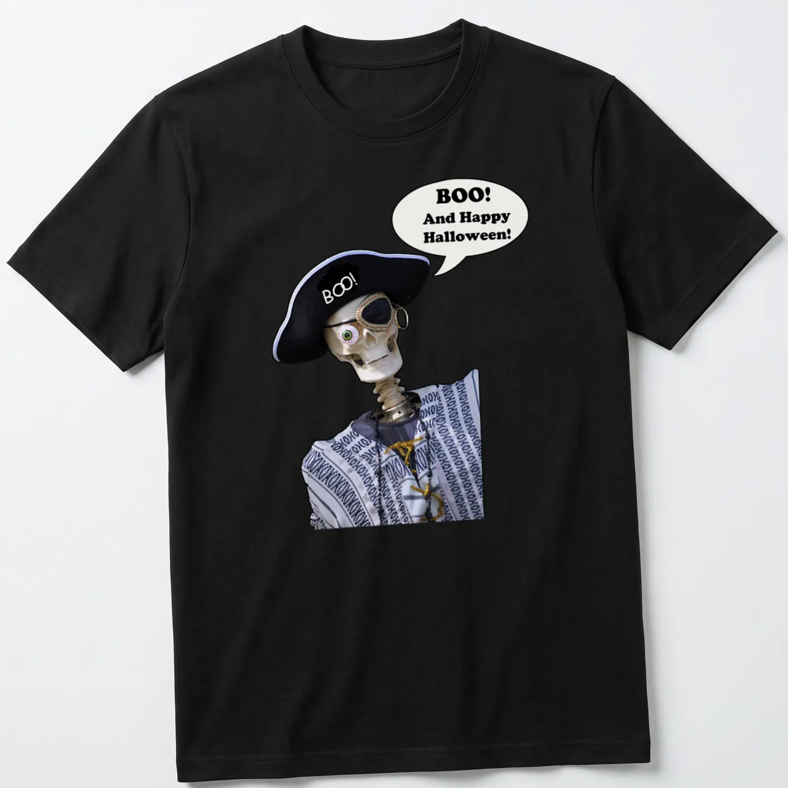 Playful skeleton with text 'Boo! And Happy Halloween!' in black and white — printed on a unisex t-shirt