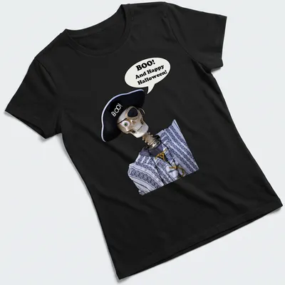Playful skeleton with text 'Boo! And Happy Halloween!' in black and white — printed on a women's shirt
