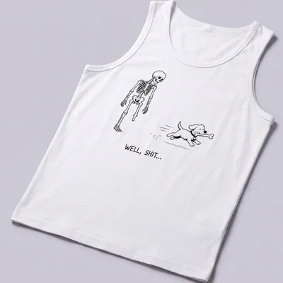 Cartoon skeleton running with a dog and a bone, with the phrase WELL, SHIT... — printed on a tank top