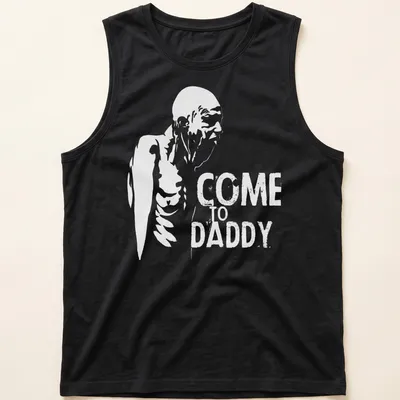 Distressed skeleton figure graphic with the text 'COME TO DADDY' in black and white — printed on a tank top