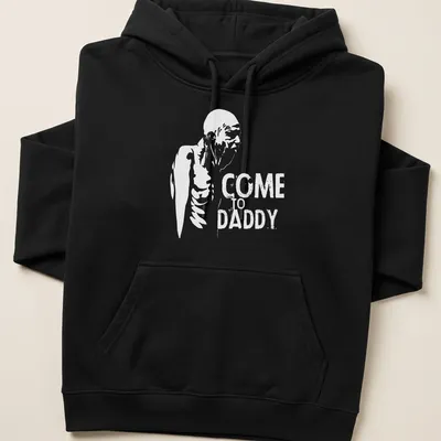 Distressed skeleton figure graphic with the text 'COME TO DADDY' in black and white — printed on a unisex hoodie