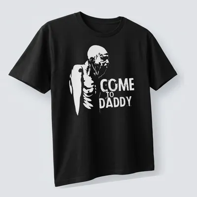 Distressed skeleton figure graphic with the text 'COME TO DADDY' in black and white — printed on a unisex t-shirt (angled view)