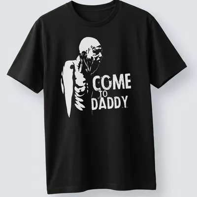 Distressed skeleton figure graphic with the text 'COME TO DADDY' in black and white