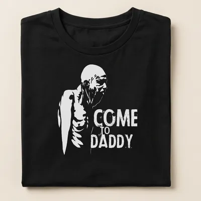 Distressed skeleton figure graphic with the text 'COME TO DADDY' in black and white — printed on a women's shirt