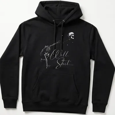 Funny dark humor t-shirt with a flying skeleton and text 'Well Shit...' — printed on a unisex hoodie