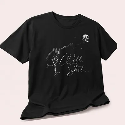 Funny dark humor t-shirt with a flying skeleton and text 'Well Shit...' — printed on a unisex t-shirt (angled view)