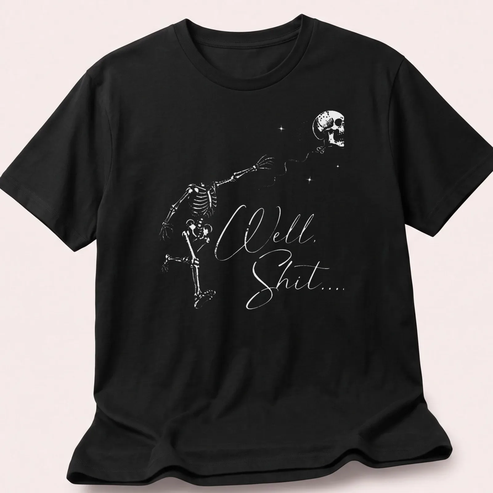 Funny dark humor t-shirt with a flying skeleton and text 'Well Shit...' — printed on a unisex t-shirt
