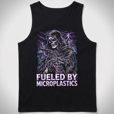 Bold graphic of a skeleton with the text 'FUELED BY MICROPLASTICS' in purple, blue, silver, and black. — printed on a tank top