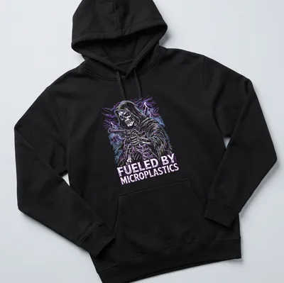 Bold graphic of a skeleton with the text 'FUELED BY MICROPLASTICS' in purple, blue, silver, and black. — printed on a unisex hoodie