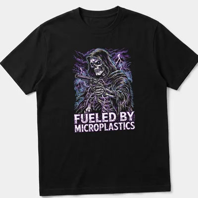 Bold graphic of a skeleton with the text 'FUELED BY MICROPLASTICS' in purple, blue, silver, and black.