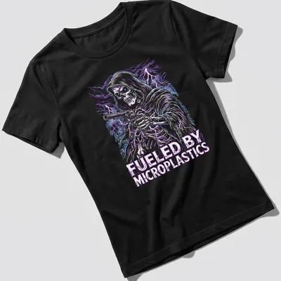 Bold graphic of a skeleton with the text 'FUELED BY MICROPLASTICS' in purple, blue, silver, and black. — printed on a women's shirt