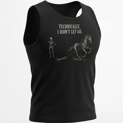 Vintage illustration of a skeleton riding a horse with humorous text — printed on a tank top
