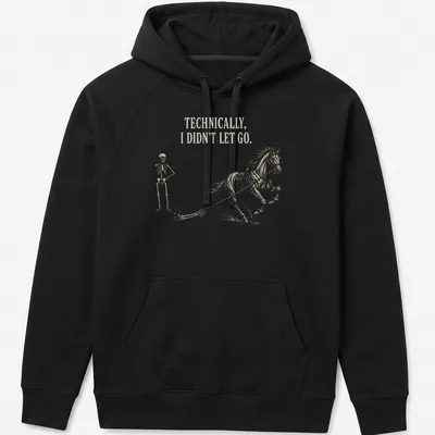 Vintage illustration of a skeleton riding a horse with humorous text — printed on a unisex hoodie