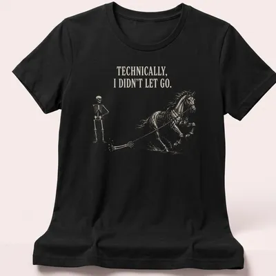 Vintage illustration of a skeleton riding a horse with humorous text — printed on a women's shirt
