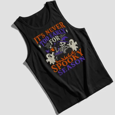 Playful cartoon graphic of a skeleton in a cauldron with Halloween text — printed on a tank top