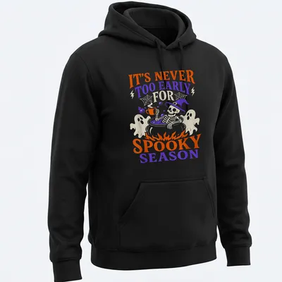 Playful cartoon graphic of a skeleton in a cauldron with Halloween text — printed on a unisex hoodie