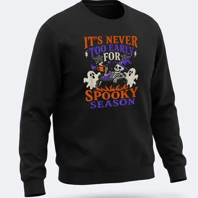 Playful cartoon graphic of a skeleton in a cauldron with Halloween text — printed on a unisex sweatshirt