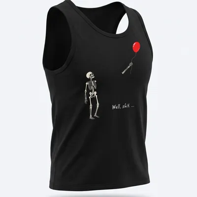 Gothic-style t-shirt featuring a skeleton holding a red balloon with humorous text. — printed on a tank top