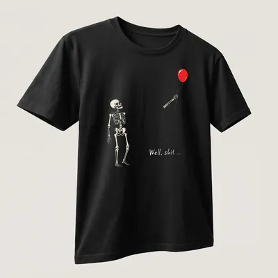 Gothic-style t-shirt featuring a skeleton holding a red balloon with humorous text. — printed on a unisex t-shirt (angled view)