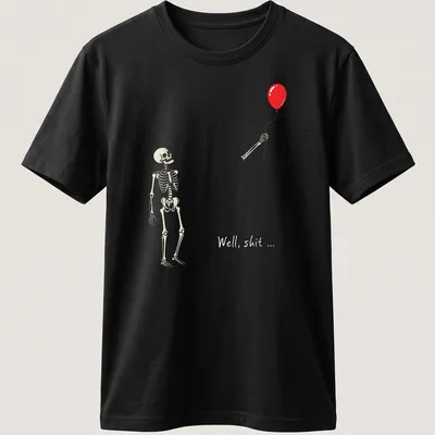 Gothic-style t-shirt featuring a skeleton holding a red balloon with humorous text.