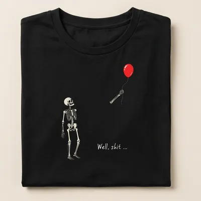 Gothic-style t-shirt featuring a skeleton holding a red balloon with humorous text. — printed on a women's shirt